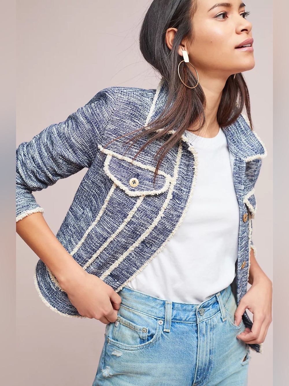 ✨ Anthropologie Pilcro Women's Preloved Blue Tweed Fringe Jacket  Size Medium